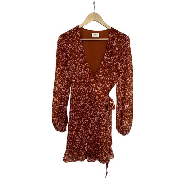 Polka Dot Wrap Dress with Ruffle Rust Orange Women's Size Small - Picture 3 of 4